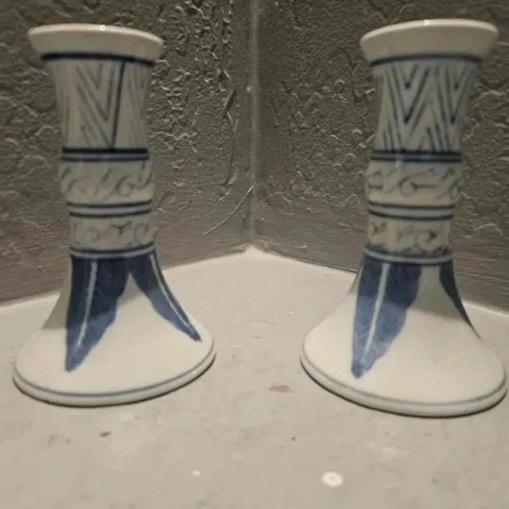Williams Sonoma Ceramic Blue and White Candlesticks Candle Holders